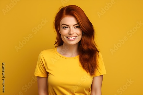 Smiling Portrait of a Beautiful Fictional Redhead Model Wearing Blank Yellow T-Shirt. Isolated on a Plain Yellow Colored Background. Generative AI. 
