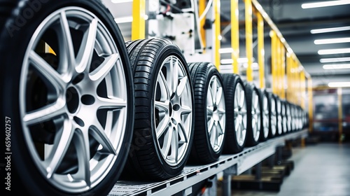 Car wheels and tires in a warehouse. Car industry concept.
