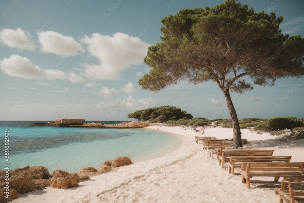 Illustration of paradise landscapes with turquoise sea, white sand. Mediterranean beaches.