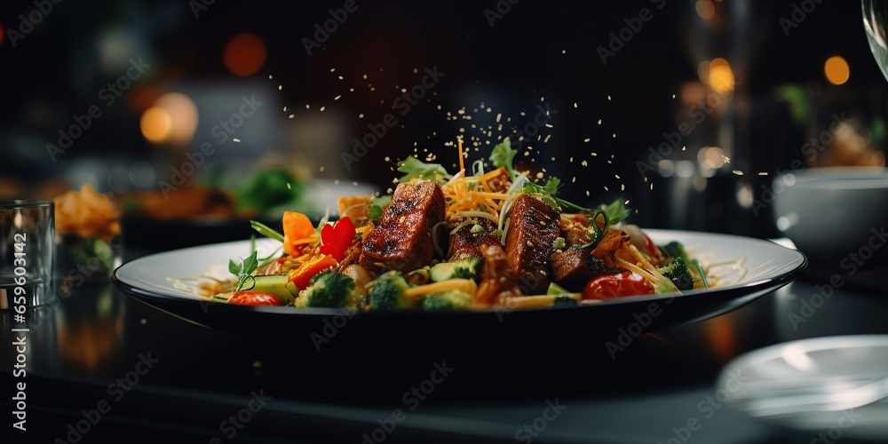 meat with vegetables and spices, delicious food on restaurant - obrazy, fototapety, plakaty 