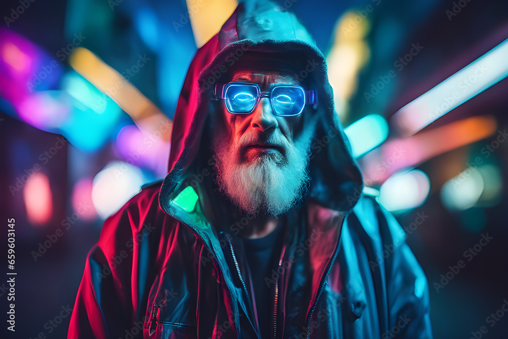 A photo featuring an old male model in outfit urban futuristic design. Blurred neon cyberpunk city as a background. A photo featuring an old male model in outfit urban futuristic design. Blurred neon cyberpunk city as a background.