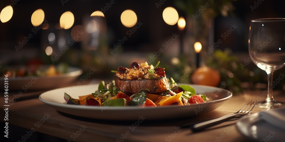 grilled meat with vegetables and spices, delicious food on restaurant - obrazy, fototapety, plakaty 