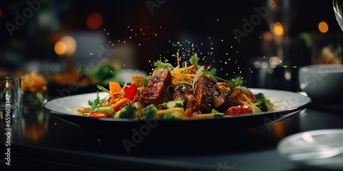 meat with vegetables and spices, delicious food on restaurant