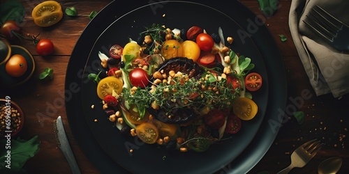 grilled meat with vegetables and spices, delicious food on restaurant