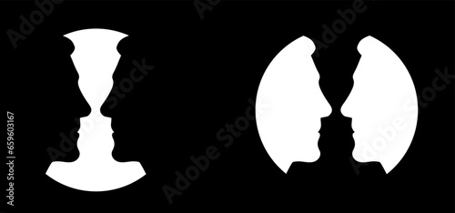 Cartoon round, circle, face profile line pattern, two owerlap outline silhouette heads. Relationships, interpersonal communication, therapy abstract. People faces icon or sign. Two faces duality