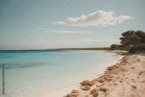 Illustration of paradise landscapes with turquoise sea, white sand. Mediterranean beaches. © sebas