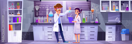 Man and woman scientist in research laboratory cartoon background. Science lab interior with chemistry equipment and biologist discovery innovation engineering. Technician indoor near glassware © klyaksun