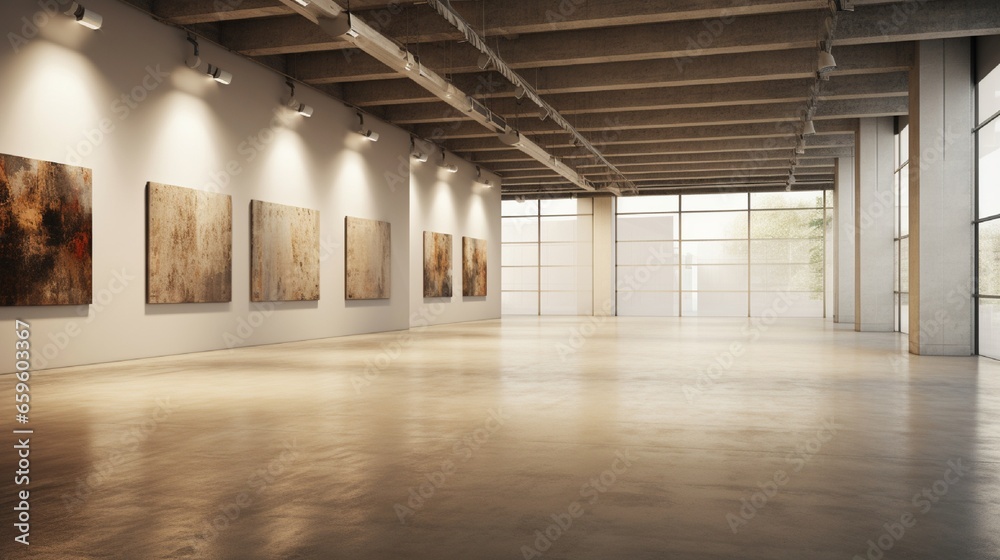 Gallery room with polished concrete floors and an empty frame on display.