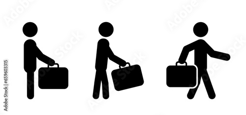 Cartoon business shopping bag. Character, stick figures man, businessman handbag. Vector briefcase. Walking businessmen suitcase concept idea. business man concept. Lets go to walk work or school.
