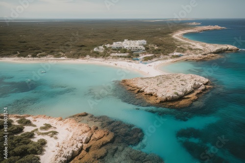 Illustration of Mediterranean-style paradise landscapes with turquoise sea and white sand seen from a drone © sebas