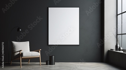 Minimalistic room with an empty frame on a charcoal-colored wall.