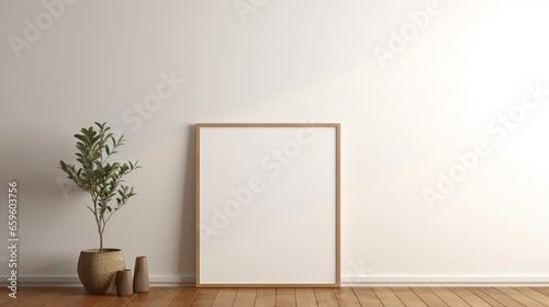 Minimalistic setup with an empty frame resting against a wall on a wooden floor.