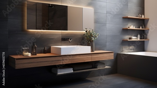 Choose modernity in a bathroom with a floating vanity and a vessel sink, creating a sleek and stylish atmosphere.