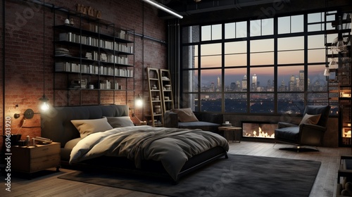 City loft bedroom with industrial design. © ZUBI CREATIONS