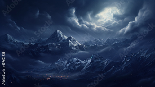 The evening sky is adorned with dramatic clouds above the snow-covered peaks..