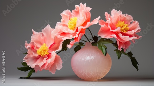  a pink vase filled with pink flowers on a white table.  generative ai