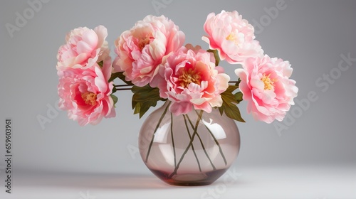  a vase filled with pink flowers on a white table top.  generative ai