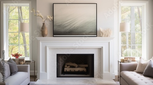 White blank frame positioned above a sleek fireplace mantel.