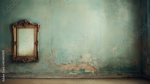 Vintage room with a distressed wall and an empty frame with an ornate design.