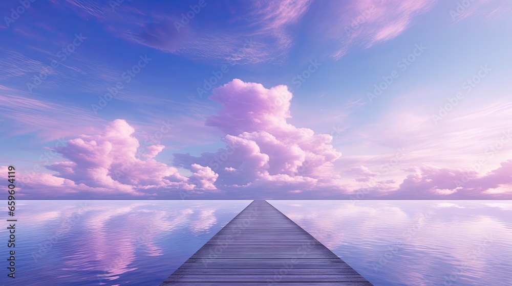  a pier extending into the ocean under a cloudy blue sky.  generative ai