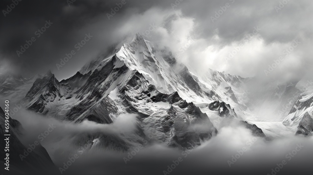  a black and white photo of a mountain range with clouds.  generative ai