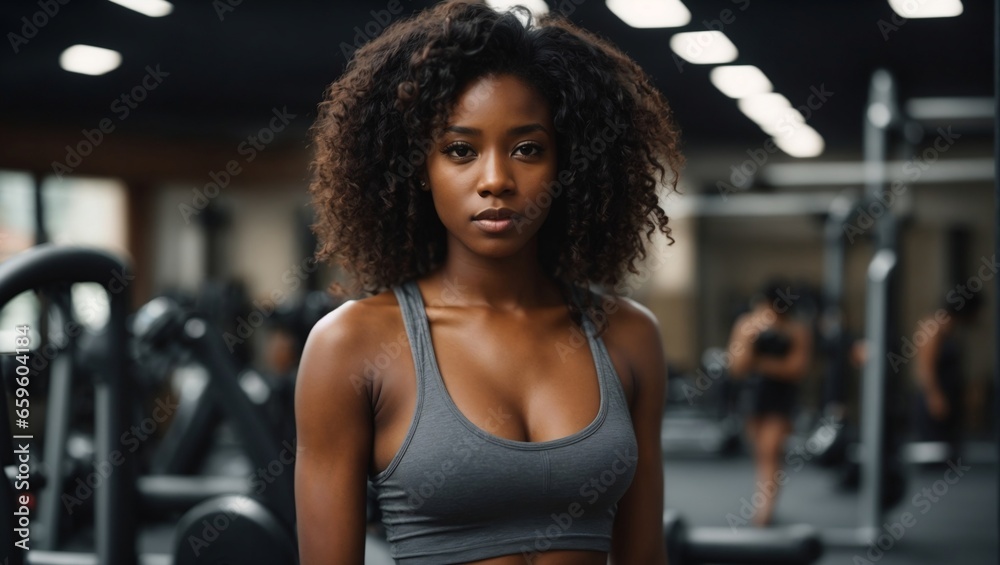 Fototapeta premium Witness the vibrant journey of an old black skin woman in a gym, a testament to her dedication to good health, wellness, and an active lifestyle.