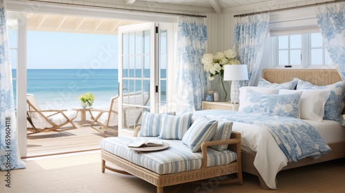 Coastal-themed bedroom with breezy fabrics. © ZUBI CREATIONS