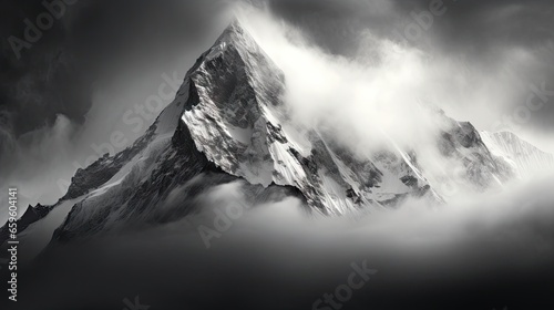  a very tall mountain covered in clouds under a cloudy sky. generative ai