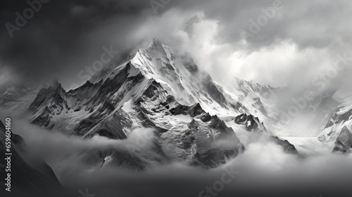  a black and white photo of a mountain range with clouds. generative ai