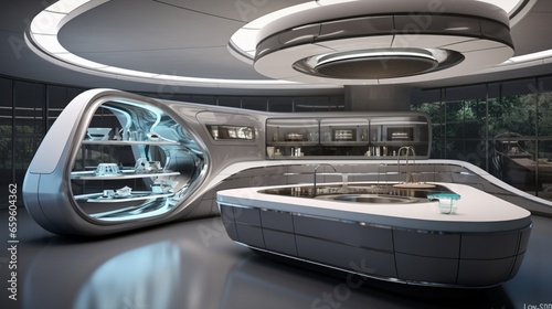 Cook in a futuristic kitchen with sleek surfaces and smart tech.