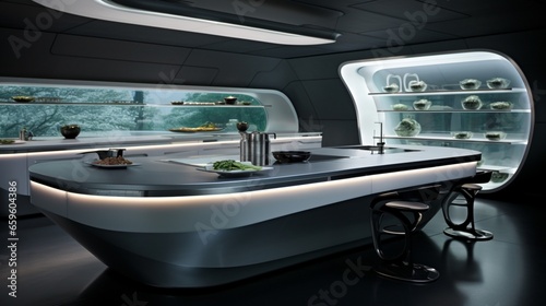Cook in a futuristic kitchen with sleek surfaces and smart tech.