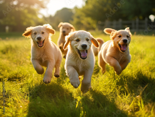A joyful pack of puppies happily playing together in a picturesque field setting. photo