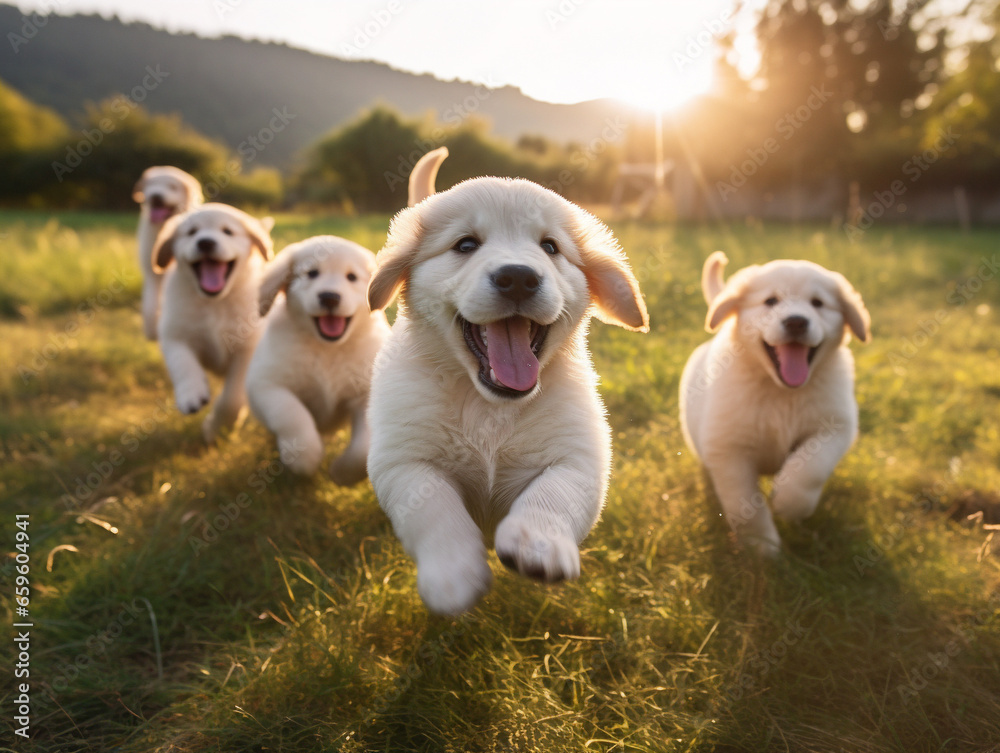 A lively bunch of pups joyfully playing in a sun-kissed meadow, captured in frame 00030 02.