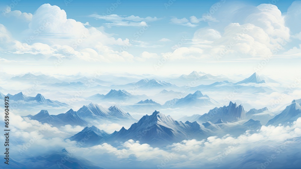  a painting of a mountain range in the sky with clouds.  generative ai