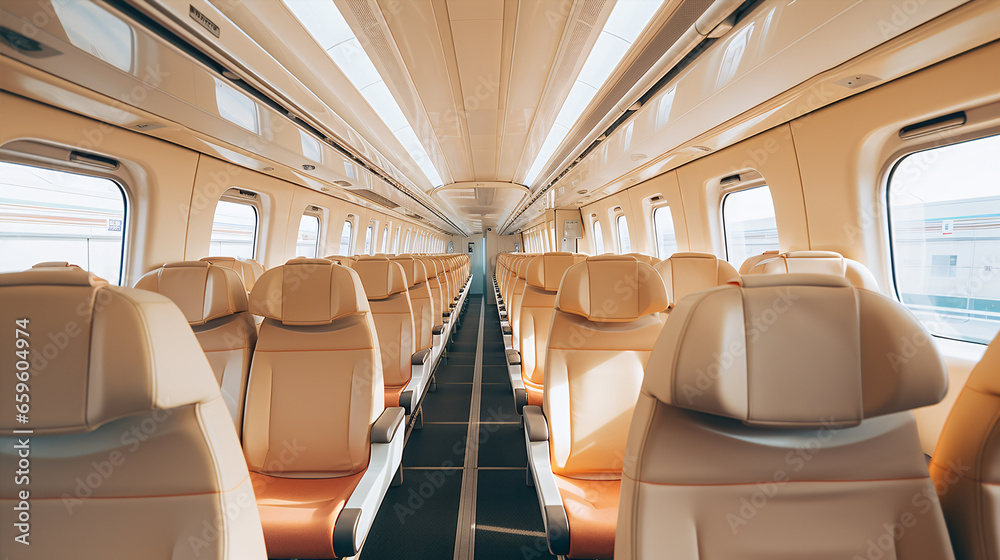 Uninhabited cabin of a fast European economy class train with brown-beige seats..