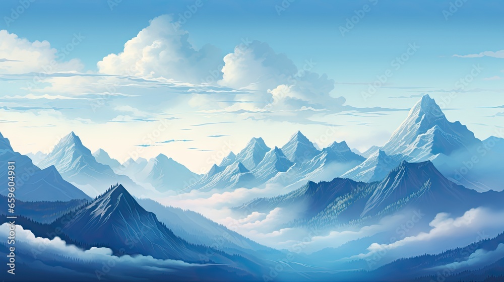  a painting of a mountain range with clouds in the sky.  generative ai