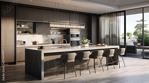 Cook up a storm in a neutral-toned kitchen with a waterfall island and sleek cabinetry. It's a chef's dream come true. © ZUBI CREATIONS