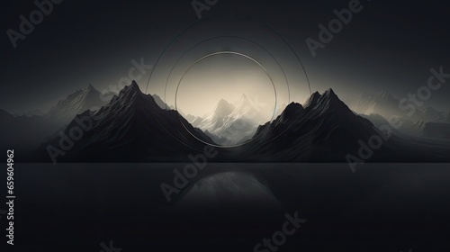 Fotografia a black and white photo of mountains with a circle in the middle