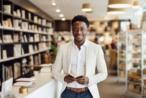 African American man leafing through a book in bookstore photo