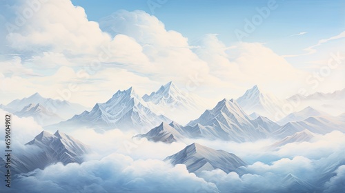  a painting of a mountain range in the sky with clouds. generative ai