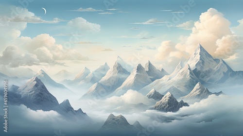  a painting of a mountain range with clouds and a moon.  generative ai © Anna