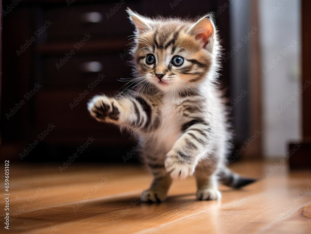 A cute kitten appears to be having fun as it playfully chases its own tail.