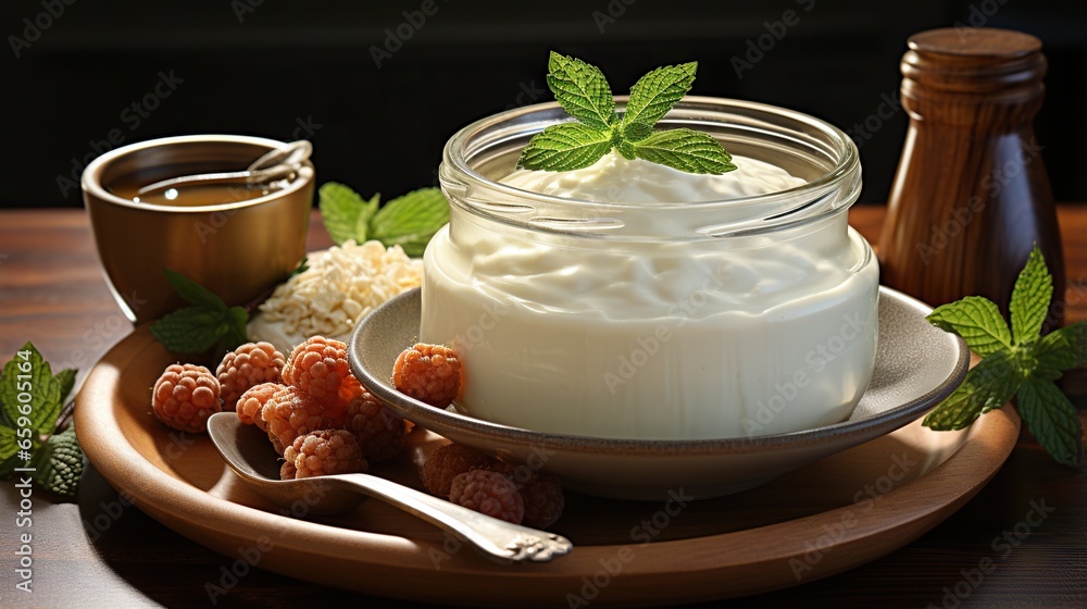 a bowl of yogurt and some berries on a plate. generative ai a bowl of yogurt and some berries on a plate. generative ai