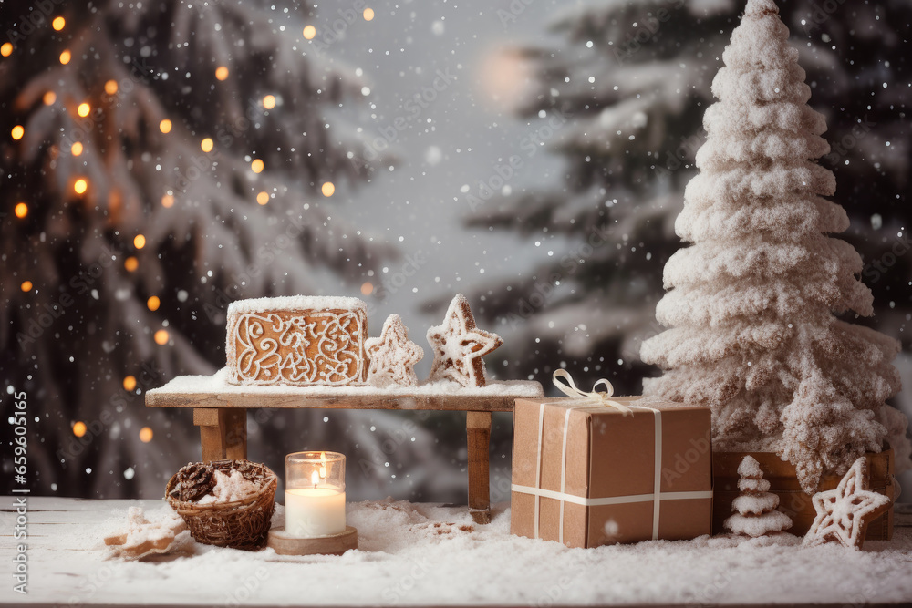 Christmas holiday background decorate with gift boxes, tree and ornaments, happy new year celebration, festive design scene.