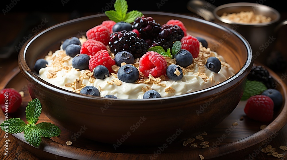 a bowl of fruit and yogurt on a wooden table. generative ai a bowl of fruit and yogurt on a wooden table. generative ai