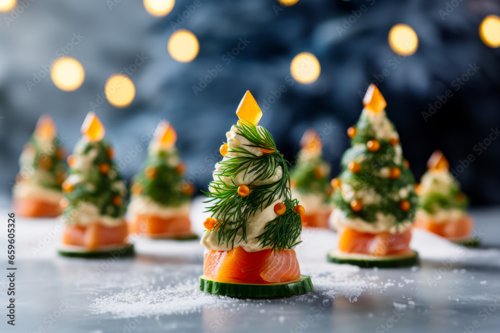 Smoked Salmon, cucumber and cream cheese canapes in the shape of Christmas trees. Horizontal, side view. Festive Christmas Tree Appetizer. Smoked Salmon, cucumber and cream cheese canapes in the shape of Christmas trees. Horizontal, side view. Festive Christmas Tree Appetizer.