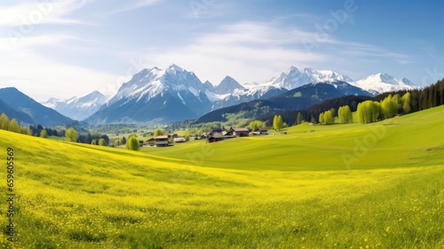 Idyllic mountain landscape in the Alps with blooming meadows in springtime 