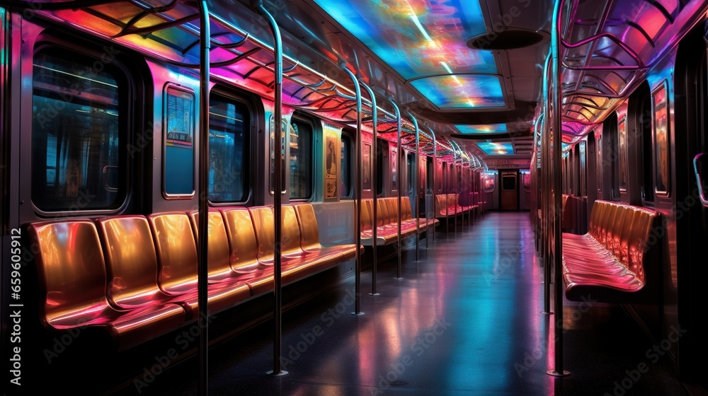 Fototapeta premium a train with a lot of seats and lights on it. generative ai