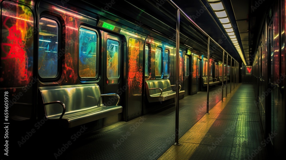 Fototapeta premium a subway train with its doors open and a bench in the middle. generative ai