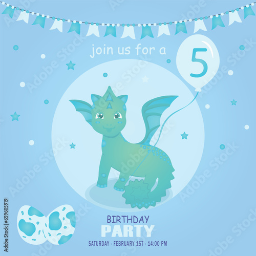 Cute baby boy dragon and dinosaur character, birthday invitation. 5 year. Vector illustration, eps 10